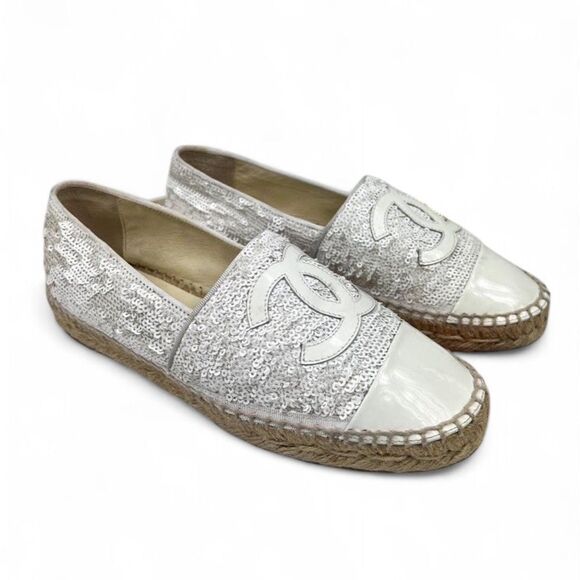 CHANEL White Woven Interlocking CC Logo Sequin Flat Espadrilles Size EU37 - Picture 11 of 15